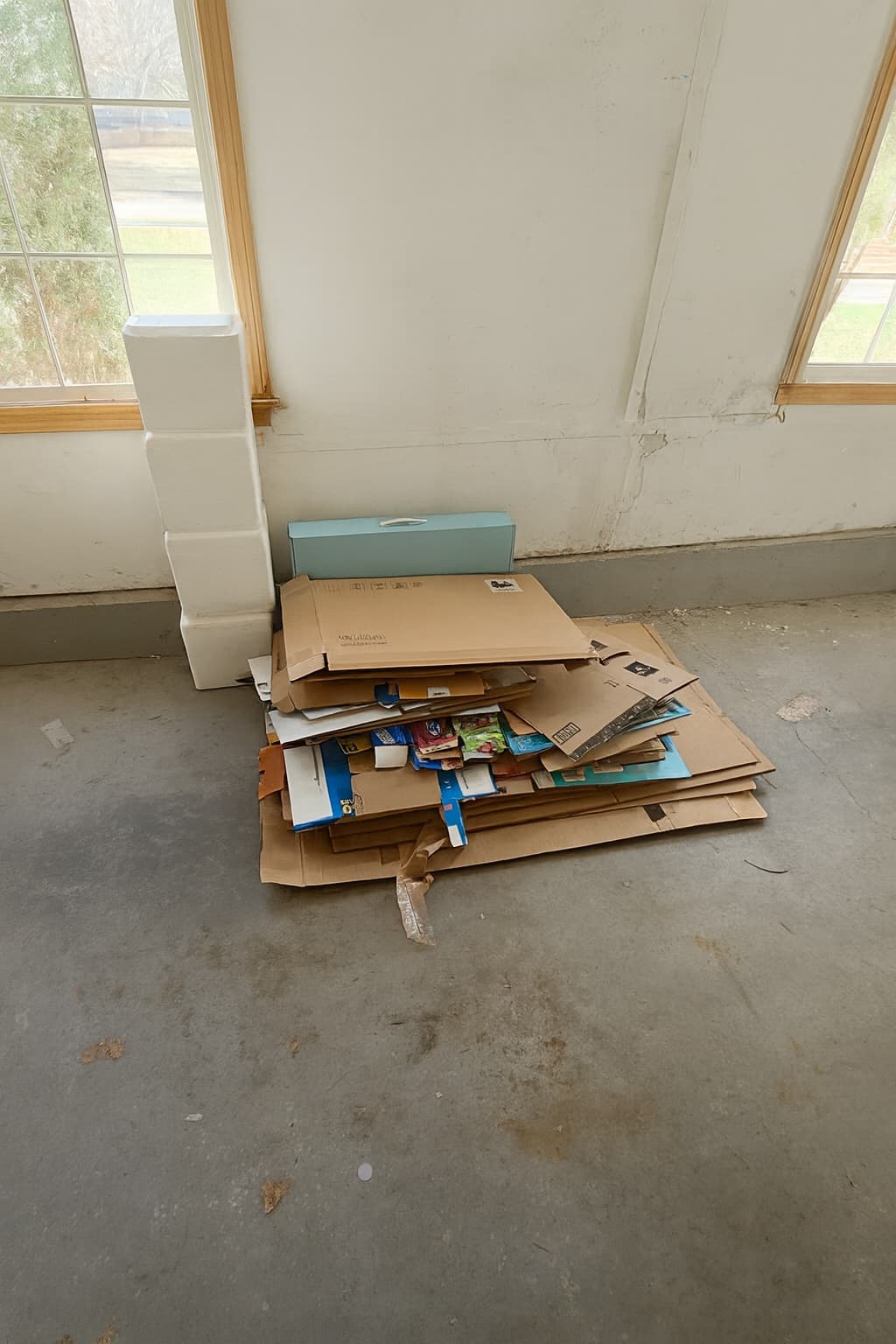 Same garage with flattened cardboard stacked neatly after FlatStack pickup.